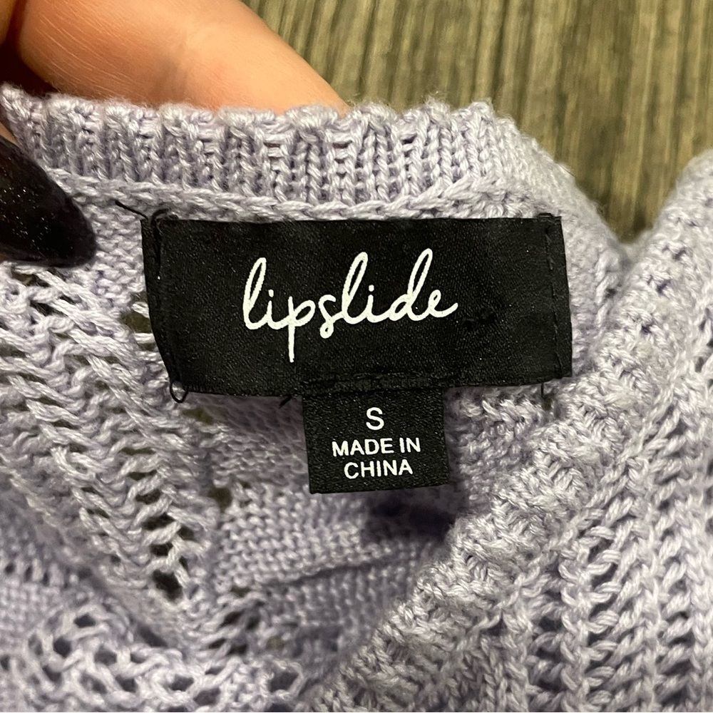 Lipslide Sweater Crop Top Floral Crochet Mesh Ruffled Short Sleeve Purple Small - Picture 2 of 4
